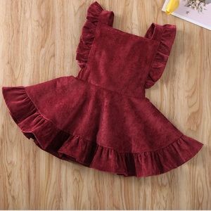 Maroon 2t girl suspender skirt solid color velvet corduroy ruffle sleeve dress